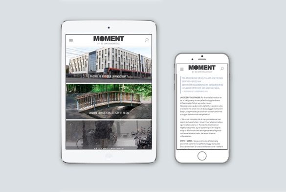 Forside av Sweco Moment vist på ipad, artikkeltekst vist på mobil. Lys grå bakgrunn.